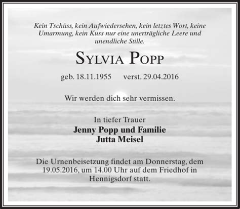 Traueranzeigen Von Sylvia Popp Trauer Anzeigen De