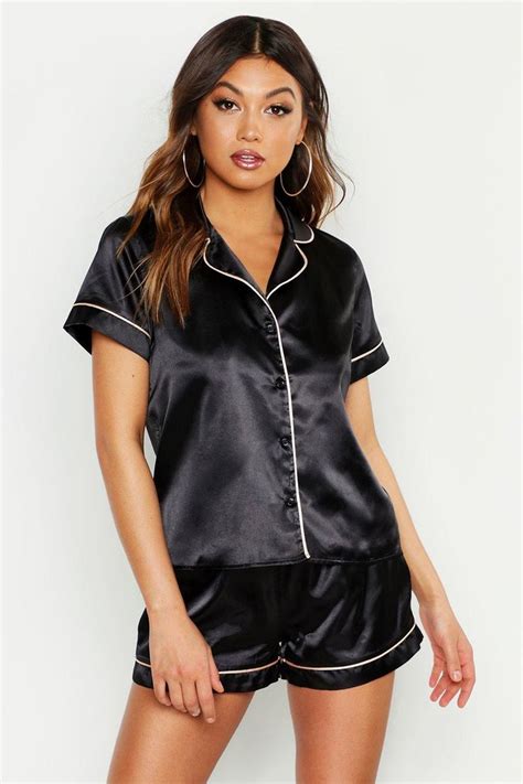 womens satin pj short set with contrast piping black 6