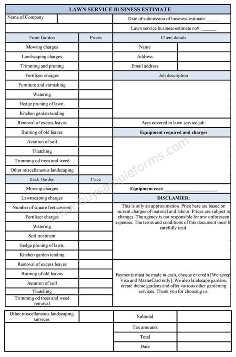 Lawn Care Estimate Form Free Download Aashe