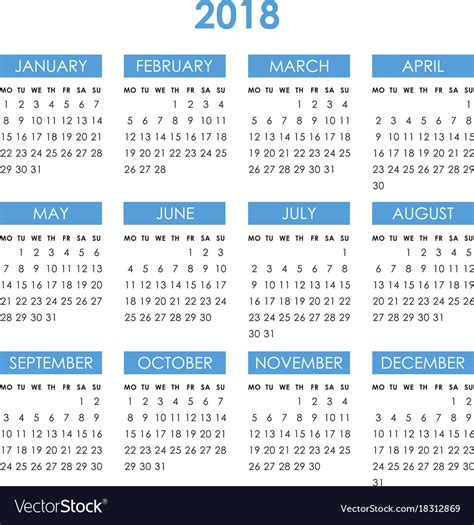 Calendar For 2018 Year Royalty Free Vector Image