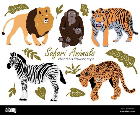 Vector Illustration Of Cute Wild Safari African Animals Including