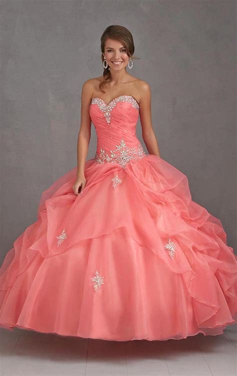 Cheap Beaded Pleated Organza Girls Sweet Dress Coral Ball Gown Quinceanera Dresses