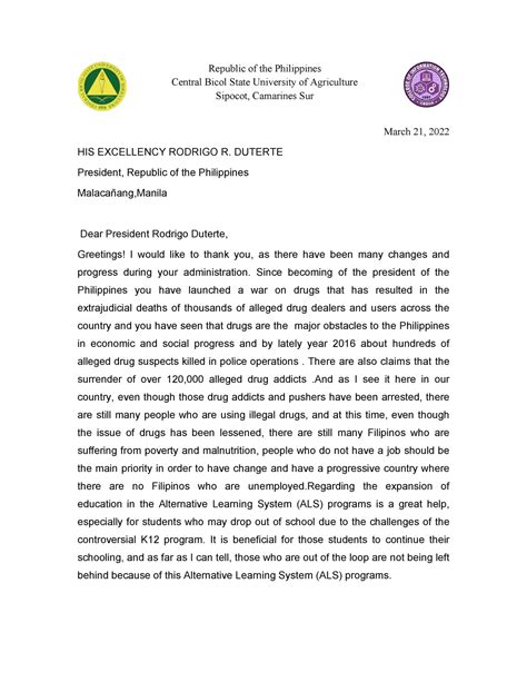 Letter To Mr President Republic Of The Philippines Central Bicol