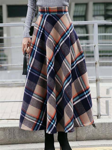 Blue Ankle Length Fit And Flare Patchwork Wool Blends Plaid Skirt
