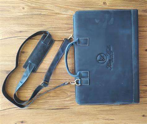 Engraved Leather Portfolio With Shoulder Strap And Handle Etsy