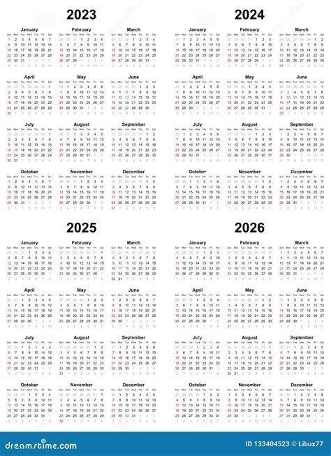 Annual Plain Calendar Sunday First Day 2023 2024 2025 2026 Stock Vector