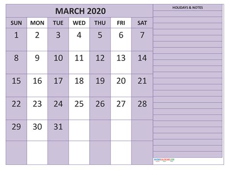 March 2020 Calendar With Holidays Free Printable By Word