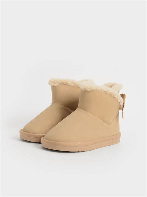 Camel Girls Fur Trimmed Slip On Ankle Boots Charles And Keith Ae