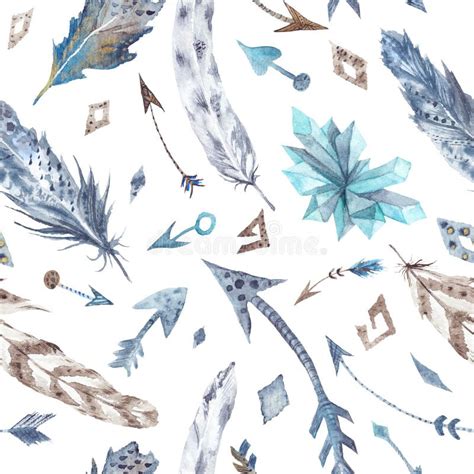 Watercolor Feather And Arrow Pattern Stock Illustration Illustration