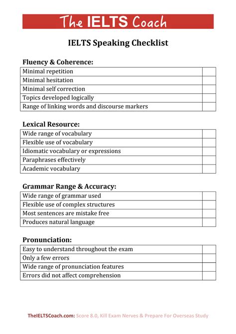 Ielts Speaking Checklist Theieltscoach Score 8 Kill Exam Nerves