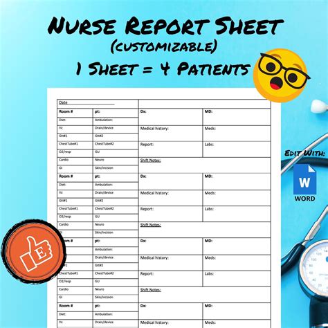 Nursing report sheet | rn brain sheet + one patient report sheet + gift for nurses + flowsheet + imu + nursing organizer + icu handoff. Nursing Report Sheet Template Customizable Nurse Report ...