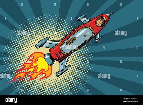 Vintage Astronaut In A Small Spaceship In Space Pop Art Retro Comic