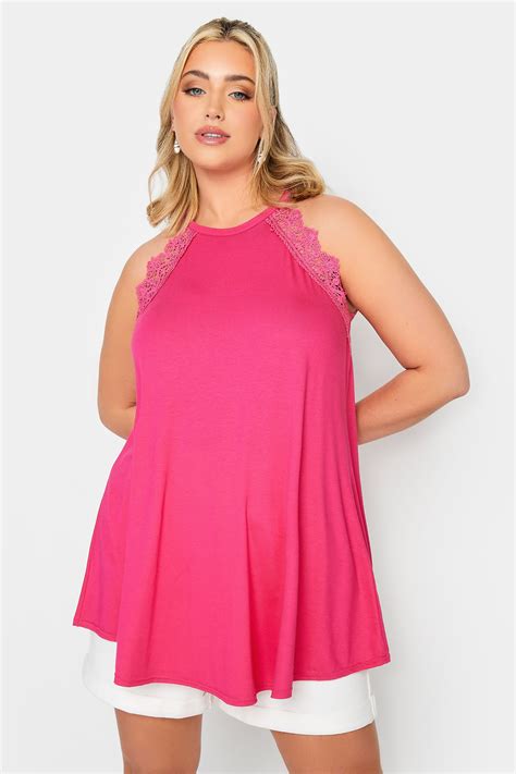 Limited Collection Plus Size Hot Pink Lace Detail Racer Vest Top Yours Clothing