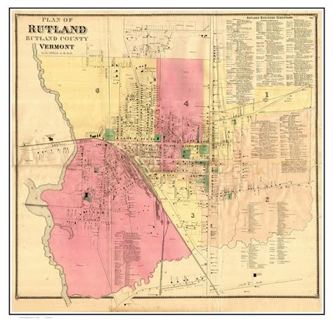 Rutland Downtown Vermont 1869 Old Town Map Reprint Rutland Co