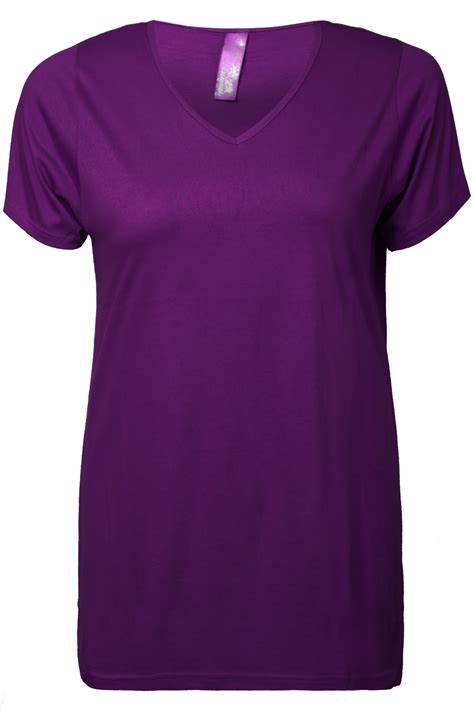Purple Plain Basic Short Sleeved V Neck T Shirt Plus Size 16 To 32