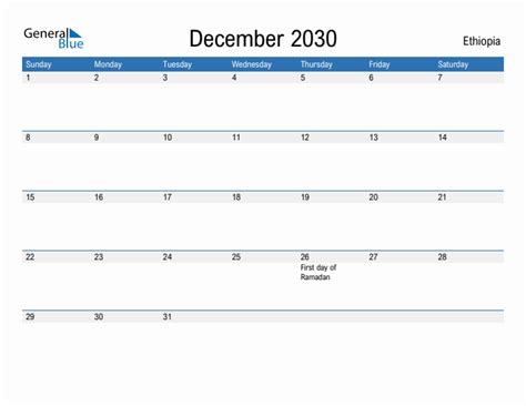 December 2030 Monthly Calendar With Ethiopia Holidays