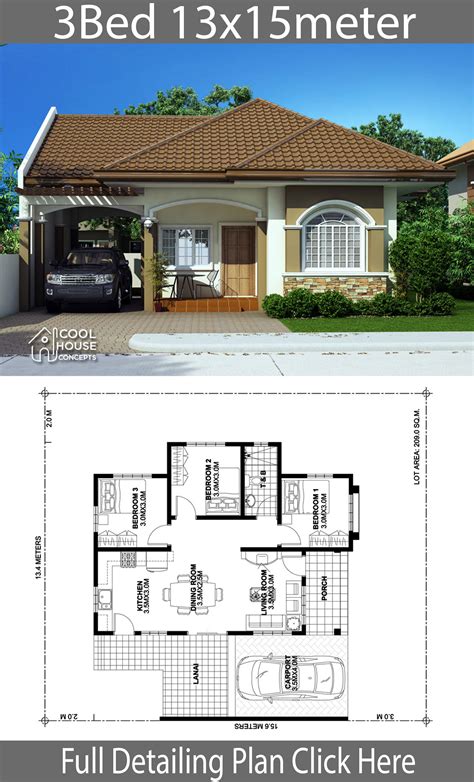 Home Design Plan 13x15m With 3 Bedrooms House Plans 3d