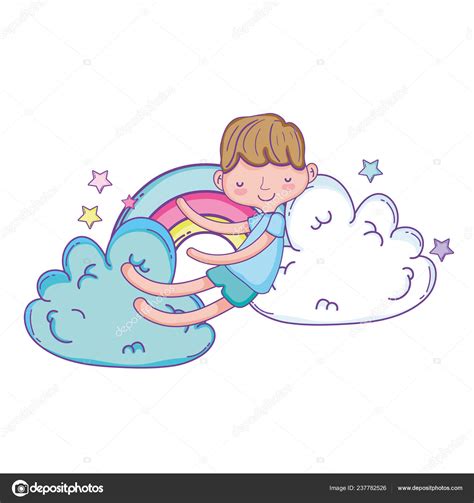 Cute Boy Dreaming Clouds Rainbow Smiling Cartoon — Stock Vector