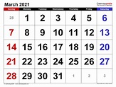 March 2021 - calendar templates for Word, Excel and PDF
