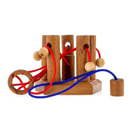 Five Pillars Brain Teaser Game Handmade Wooden Mind Puzzle
