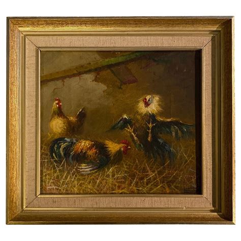 French 19th Century Oil On Canvas Painting Depicting Roosters In A