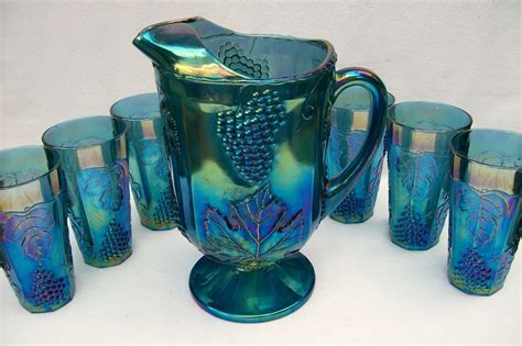 Indiana Glass Piece Blue Carnival Glass Beverage Set