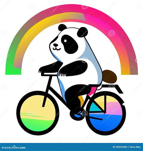 Panda Riding A Bicycle With Rainbow In The Background Vector