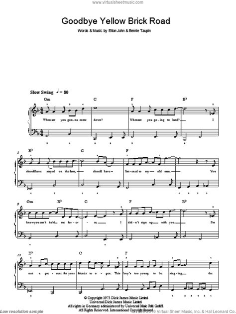 John Goodbye Yellow Brick Road Easy Sheet Music For Piano Solo