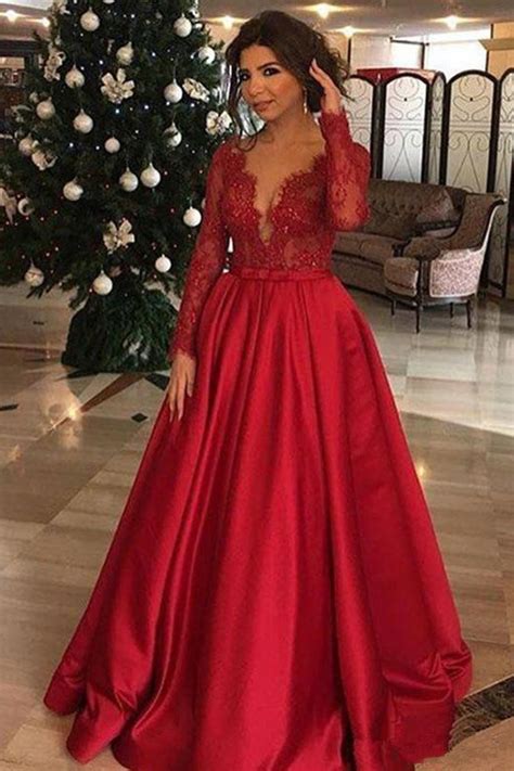 Red Long Sleeves Lace Applique Prom Dresses Formal Evening Dress Gowns Laurafashionshop