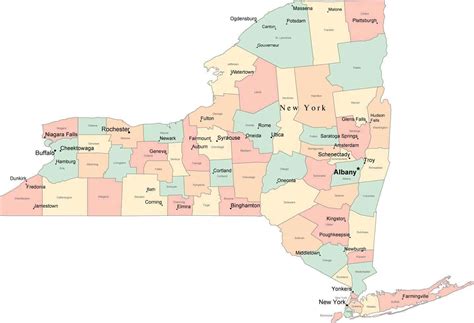 Multi Color New York State Map With Counties Capitals And Major Citi