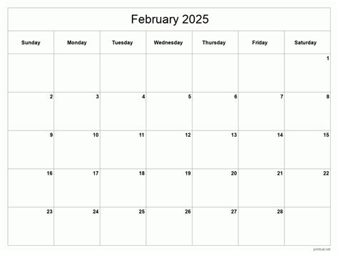 Printable February 2025 Calendar Classic Blank Sheet
