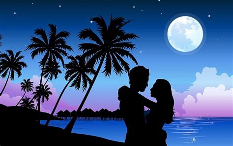 Hd Wallpaper Couple Beach Palm Trees Sky Night Hugs Two People