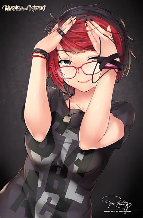 Wallpaper Redhead Anime Girls Short Hair Glasses Cartoon Black