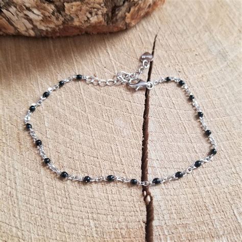 925 Solid Sterling Silver Rosemary Black Bead Chain Bracelet Etsy