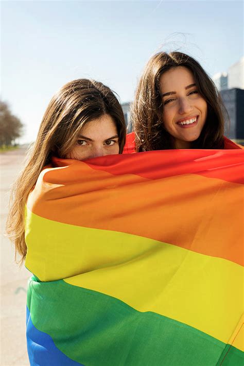 Couple Lesbian Woman With Gay Pride Flag In Barcelona Photograph By