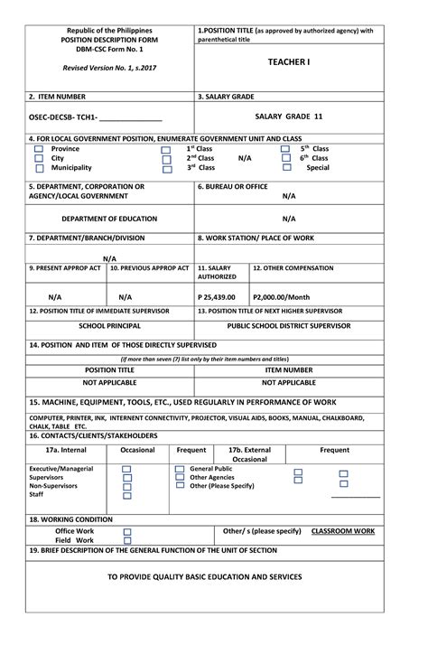 Teacher I Description Form Republic Of The Philippines Position