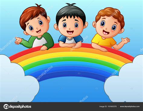 Dibujos animados niños felices en el arco iris Stock Vector by dualoro