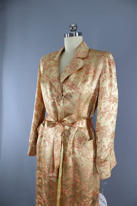 Vintage 1950s Vintage Gold Satin Robe Chinoiserie Dressing Gown