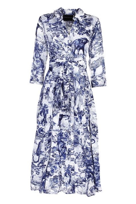 Samantha Sung Audrey Da Vinci Toile Stretch Cotton Belted Dress In Blue