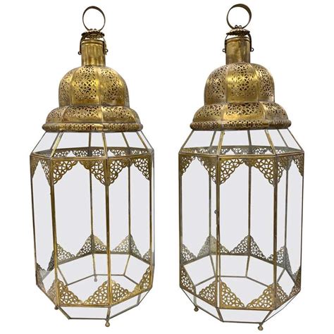 Pr Large Moroccan Moorish Handcrafted Brass And Glass Candle Lanterns