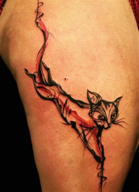 Interesting Abstract Like Cute Black And Red Watercolor Cat Tattoo On