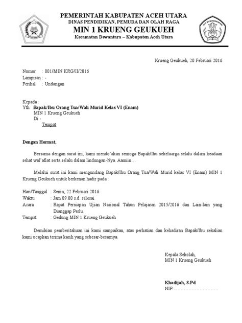 Surat undangan sendiri terdiri dari surat undangan resmi dan surat undangan tidak resmi. Contoh Surat Undangan Rapat Untuk Orang Tua Wali Murid.doc