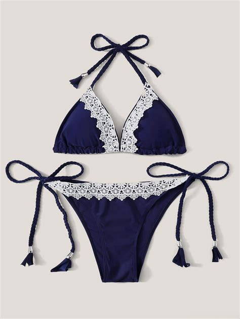 Navy Blue Guipure Laced Triangle Halter Top Swimsuit Bikini Bottom