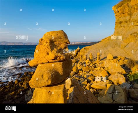 Piled Stacked Rocks On Beach Balance Balancing Tertiary Marls And Sandstones Of The Lopar
