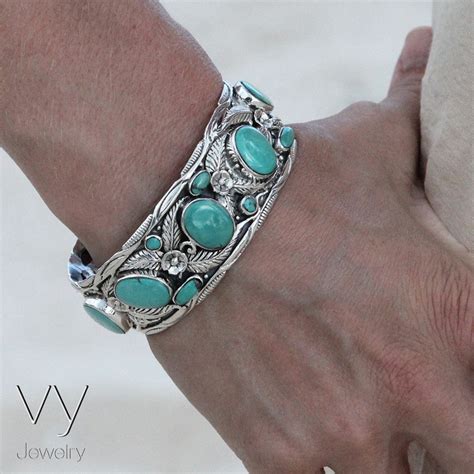 Turquoise Silver Cuff Bracelet 925 Sterling Genuine Stones Vy Jewelry
