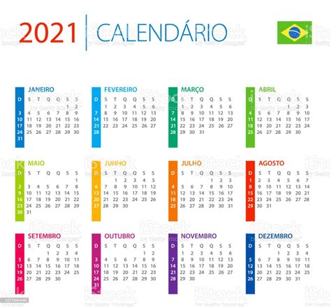 Vetores De Calendário 2021 Brasil Ilustração Vetorial De Cores Versão Em Língua Portuguesa E
