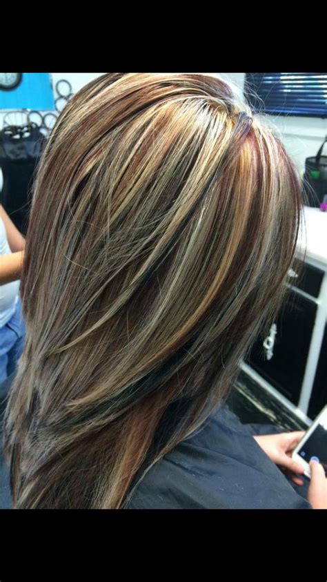 Caramel highlights in curly brunette hair. Beautiful red brown and blonde variation by Kiley at A ...