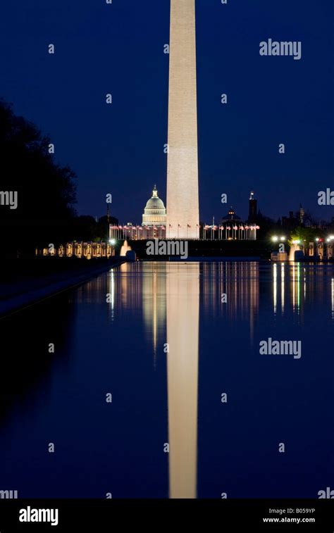 Washington Dc Usa Washington Monument At Night With Reflection On