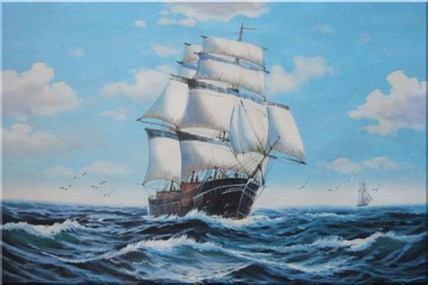 Big Fully Rigged Masted Ship Sailing On The Ocean Oil Painting Boat Classic 24 X 36 Inches With