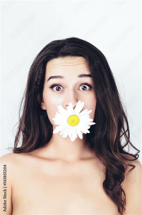 Tender Cute Beautiful Surprised Summer Young Girl With Topless Body Holds Camomiles Flowers